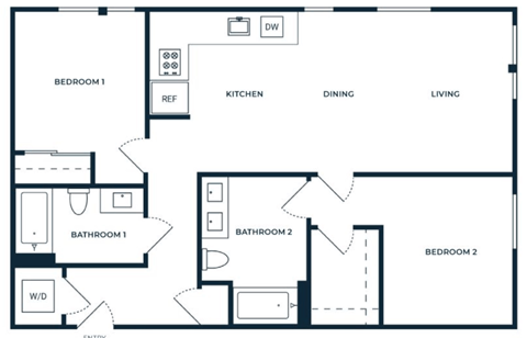 Floor plan for 2 beds, 2 baths, 1037 sqft